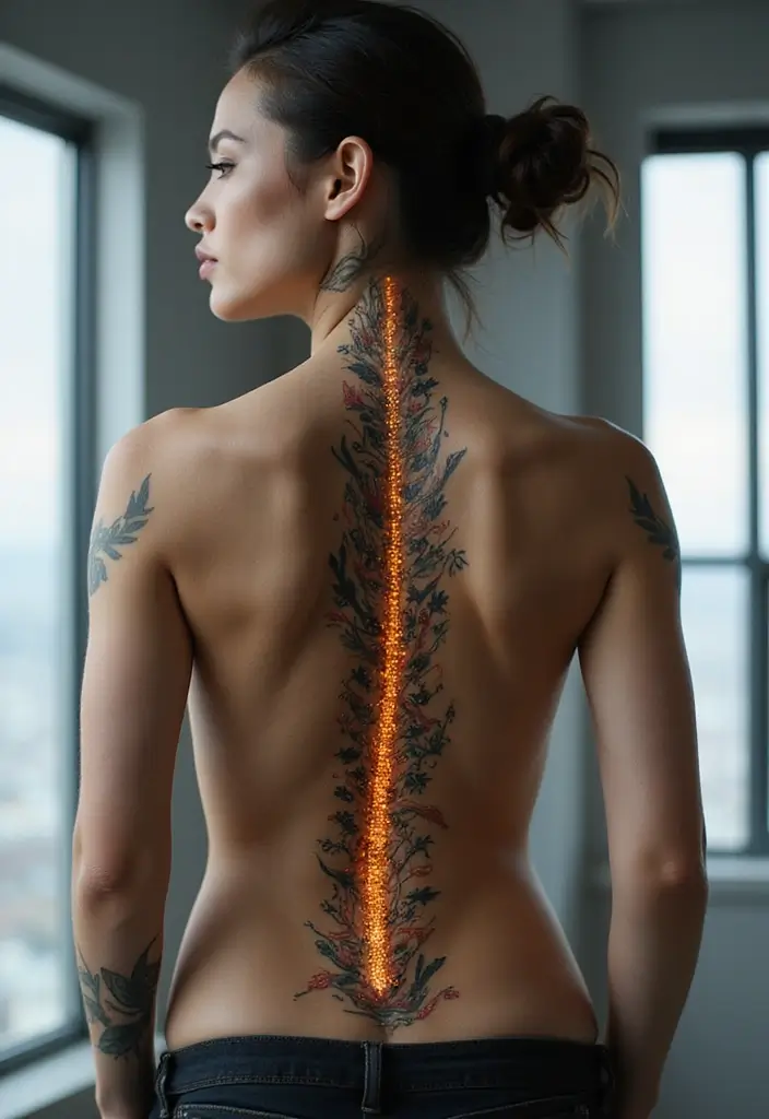 50 Baddie Women’s Spine Tattoos That Look Absolutely Stunning - 39. Futuristic Concepts
