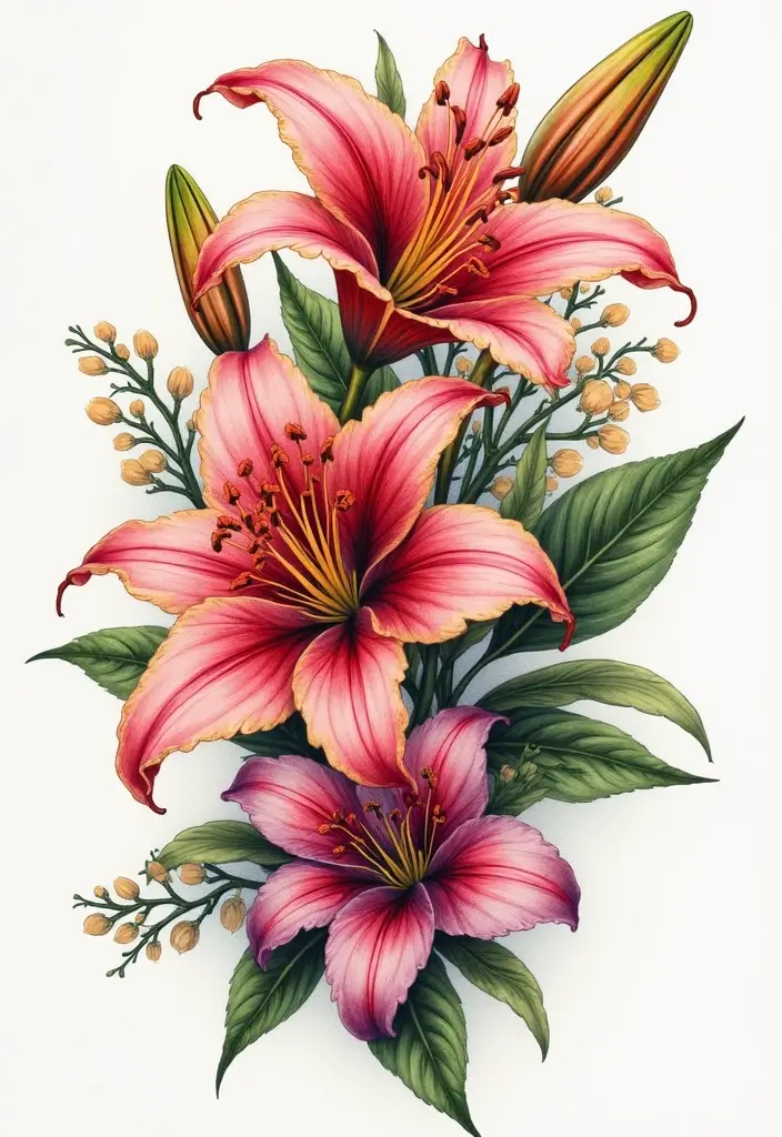 50 Stargazer Lily Tattoos with Elegant and Symbolic Designs 39 50 Stargazer Lily Tattoos with Elegant and Symbolic Designs - 39. Combination with Other Flowers
