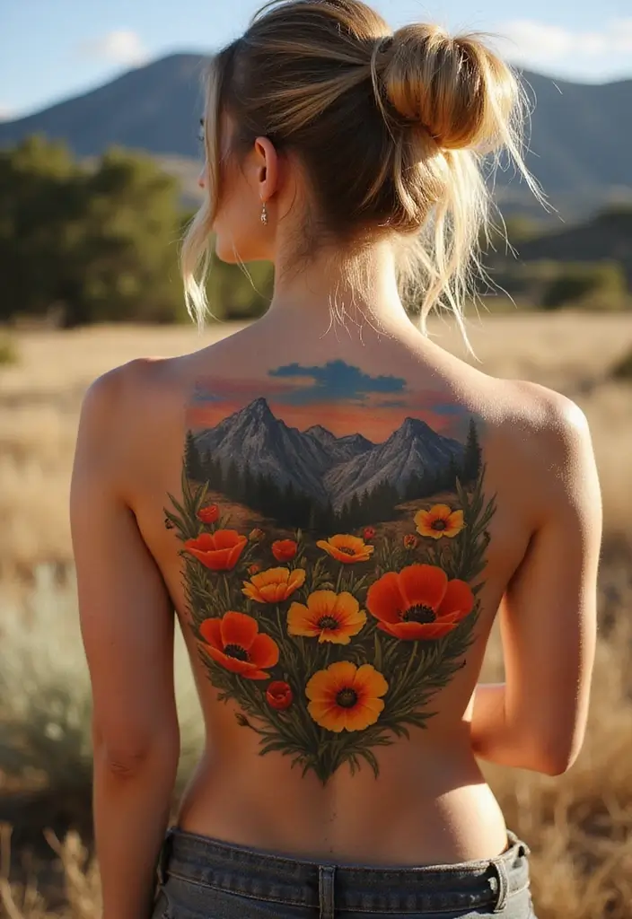 50 California Poppy Tattoo Ideas with Symbolism and Beauty - 39. California Poppy with Mountains