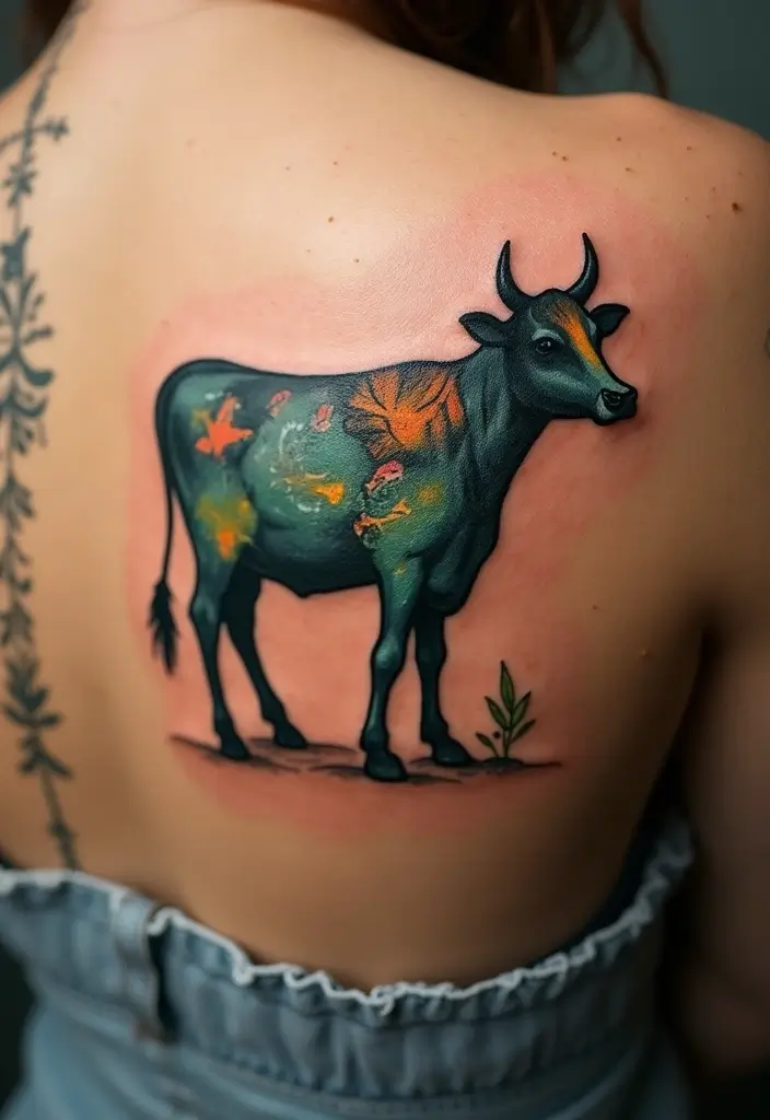 50 Cow Tattoo Designs with Fun and Unique Symbolism - 39. Cow with Environmental Symbols