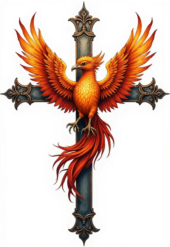 50 Cross Tattoo Meaning Inspirations and Symbolism Explained - 39. The Cross and a Phoenix: Rebirth and Renewal