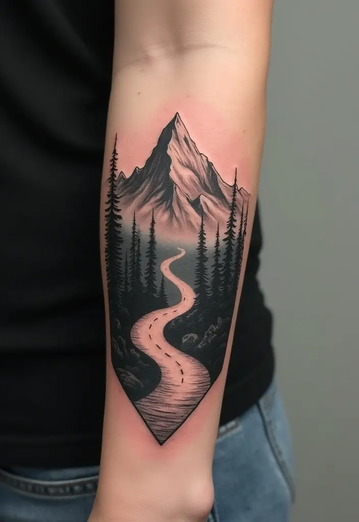 50 Mountain Tattoo Ideas with Powerful and Minimalist Designs 39 50 Mountain Tattoo Ideas with Powerful and Minimalist Designs - 39. Mountain with a Path Tattoo