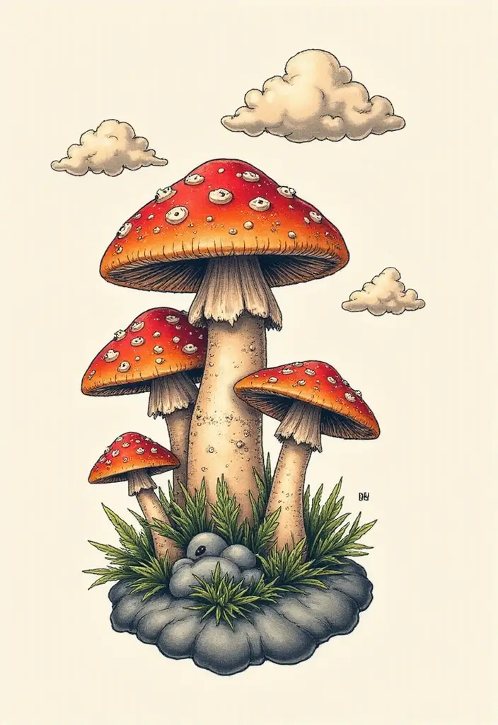 50 Unique Mushroom Tattoo Ideas That'll Leave You Inspired and Curious About Their Symbolism! 39 50 Unique Mushroom Tattoo Ideas That'll Leave You Inspired and Curious About Their Symbolism! - 39. Mushrooms with Clouds
