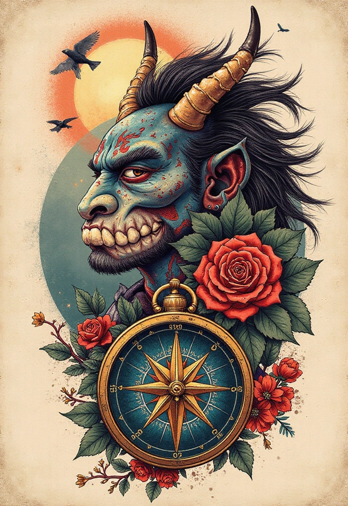 50 Oni Tattoo Designs with Powerful Japanese Symbolism 39 50 Oni Tattoo Designs with Powerful Japanese Symbolism - 39. Oni with a Compass