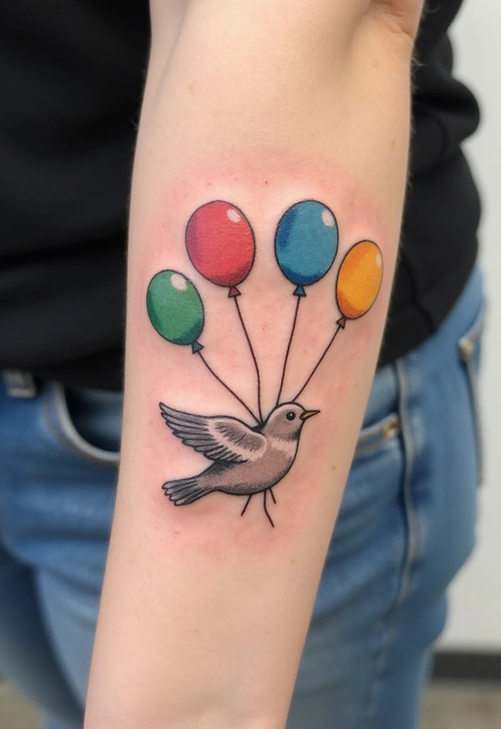 50 Sparrow Tattoos with Symbolism and Artistic Styles - 39. Sparrows and Balloons