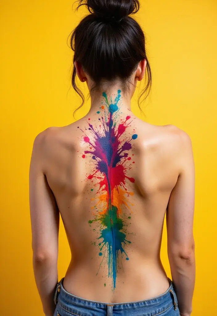 99 Stunning Spine Tattoos for Women to Inspire Your Next Ink - 39. Splashes of Color