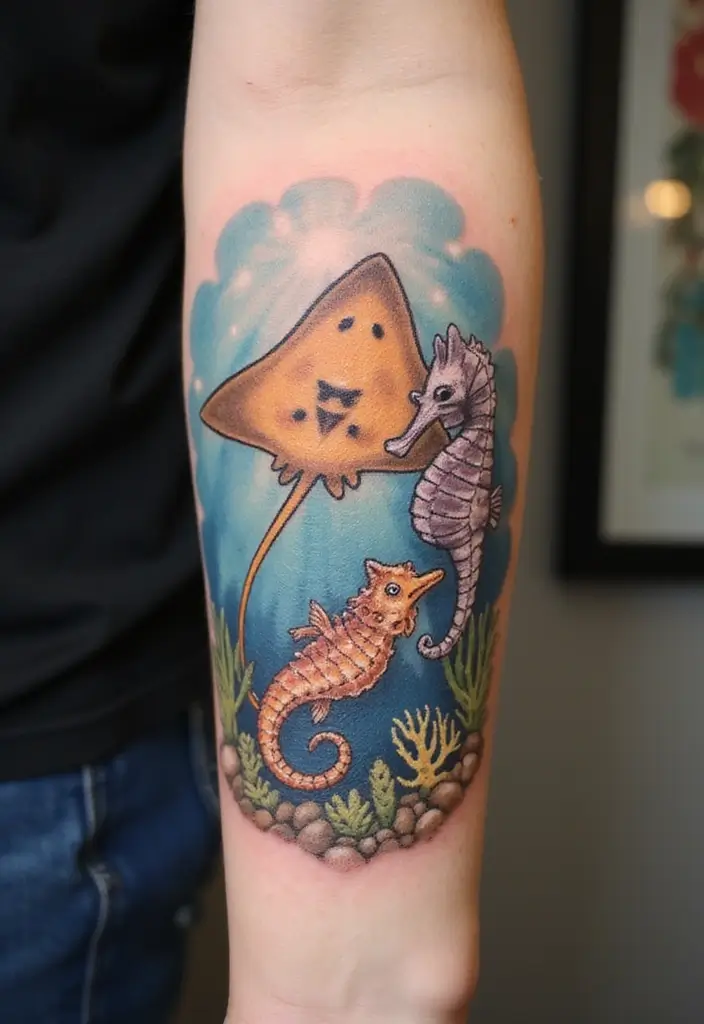 50 Stingray Tattoo Designs and Their Symbolic Meanings - 39. Stingray with a Seahorse