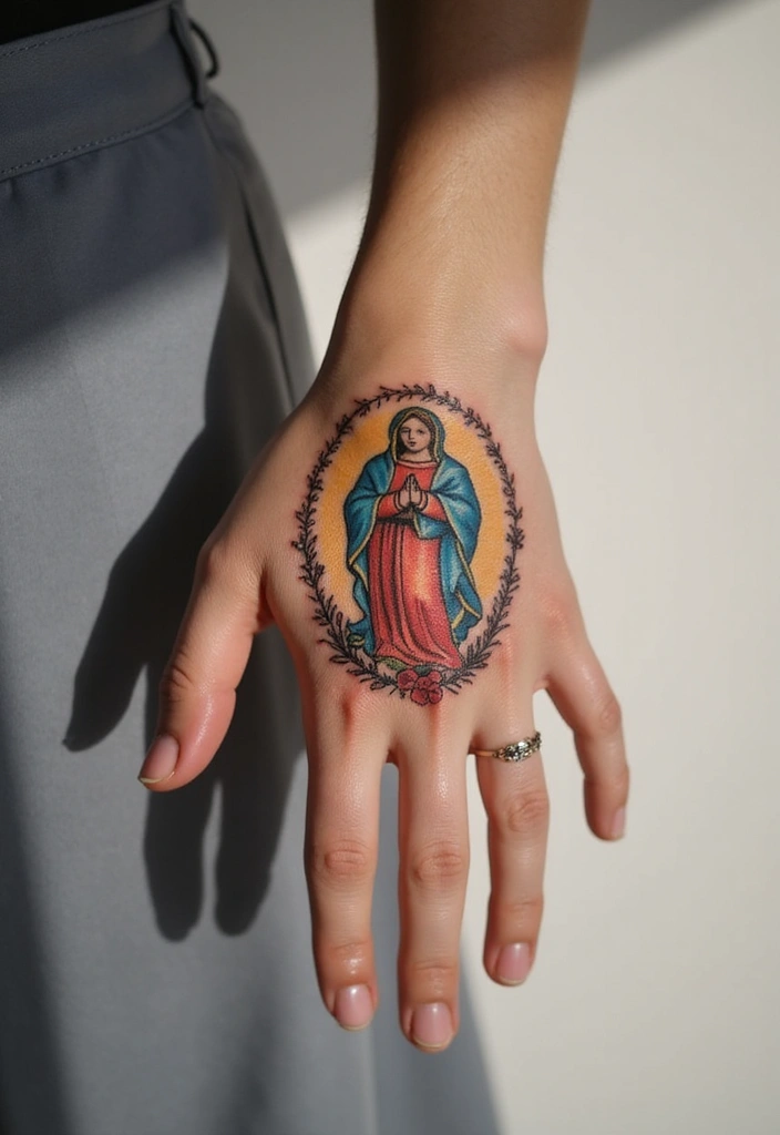 50 Virgin Mary Hand Tattoos with Spiritual and Artistic Designs - 39. Virgin Mary with a Wreath