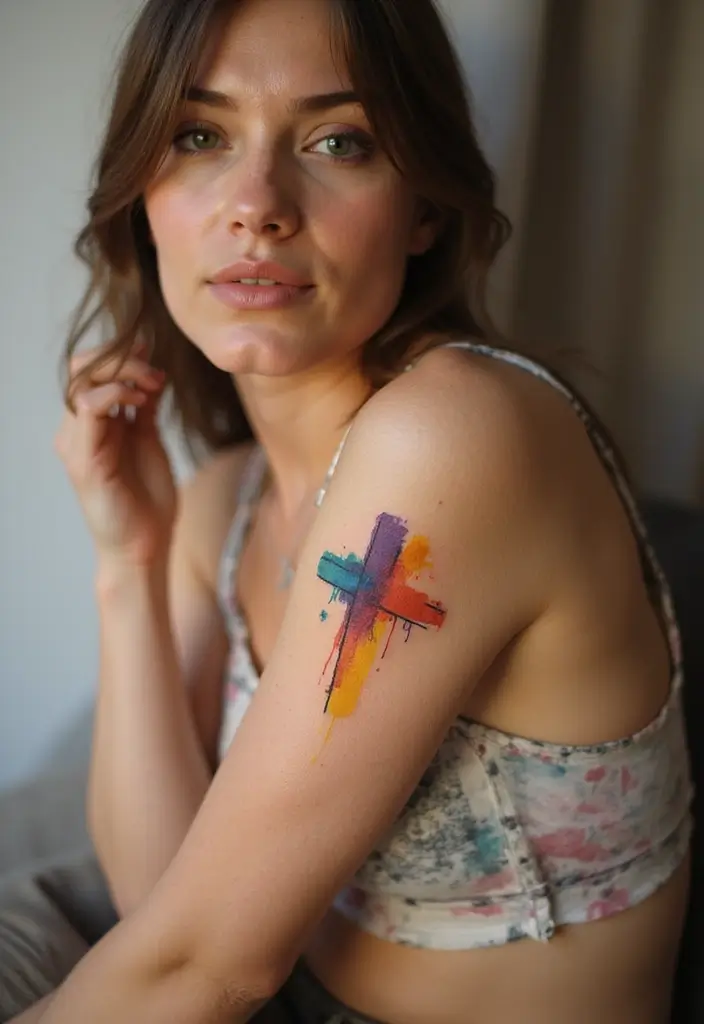 50 Cross Tattoo Ideas for Men and Women with Deep Meaning - 3. Watercolor Cross