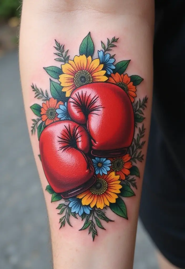 50 Boxing Gloves Tattoo Designs That Embody Strength and Courage! 3 50 Boxing Gloves Tattoo Designs That Embody Strength and Courage! - 3. Floral Boxing Gloves