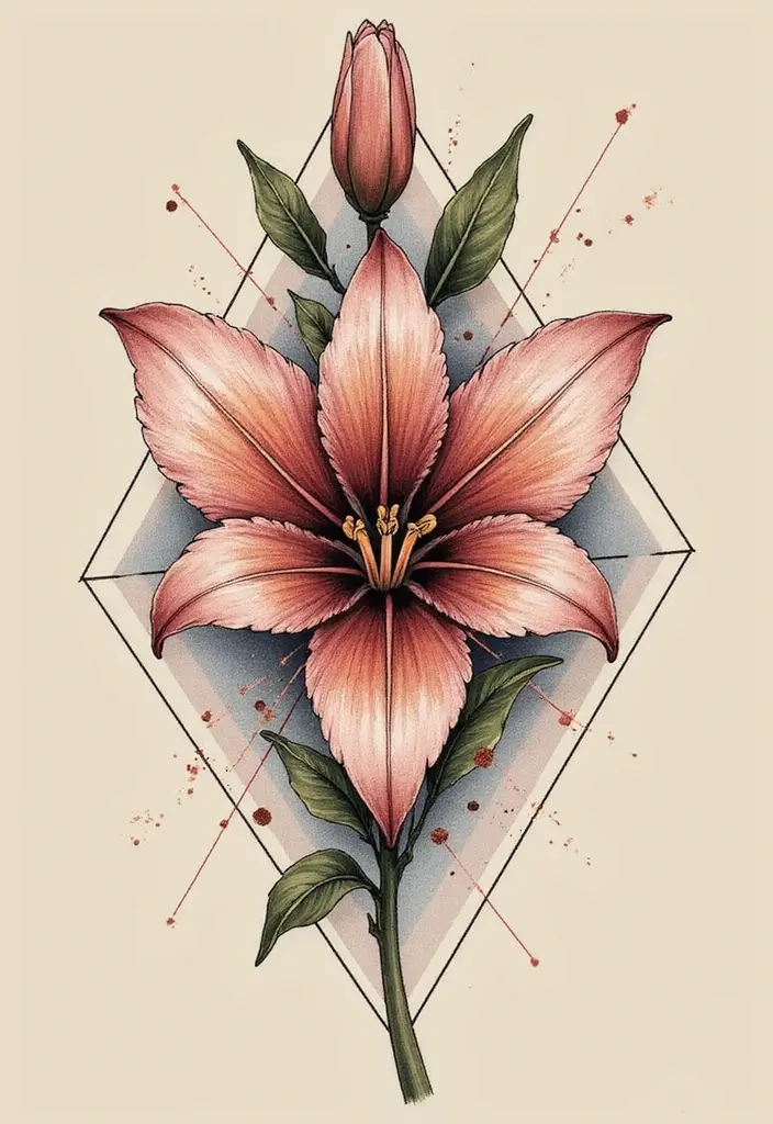 50 Stargazer Lily Tattoos with Elegant and Symbolic Designs 3 50 Stargazer Lily Tattoos with Elegant and Symbolic Designs - 3. Geometric Fusion