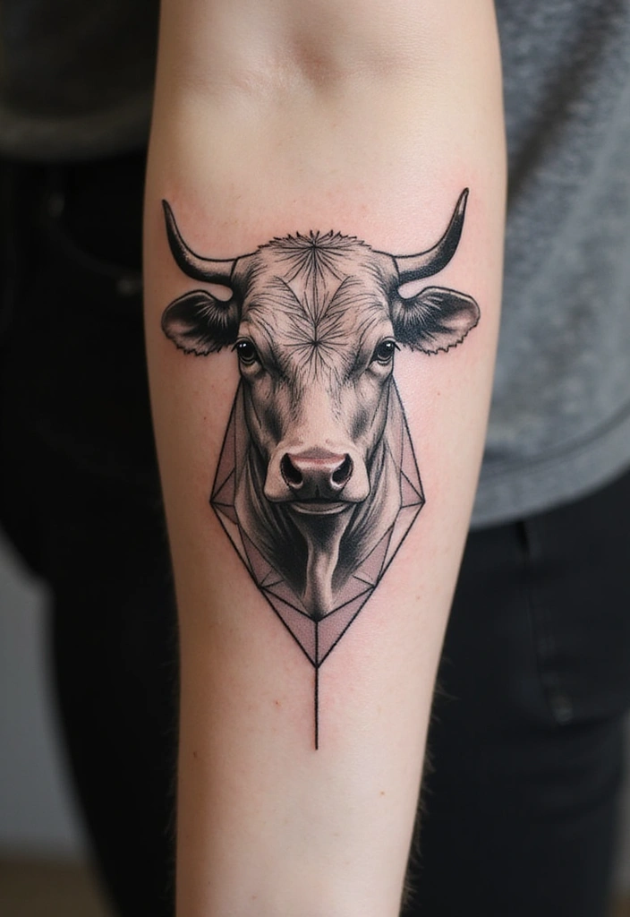 50 Cow Tattoo Designs with Fun and Unique Symbolism - 3. Geometric Cow Tattoo