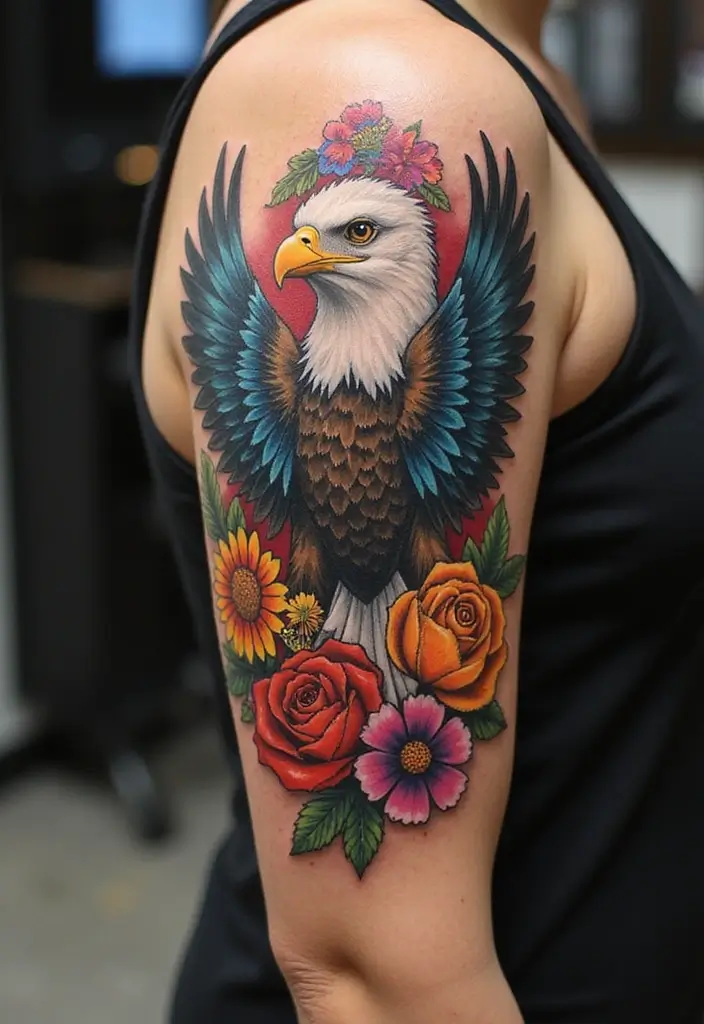30 Eagle Tattoo Designs That Represent Strength and Freedom 3 30 Eagle Tattoo Designs That Represent Strength and Freedom - 3. Eagle with Flowers