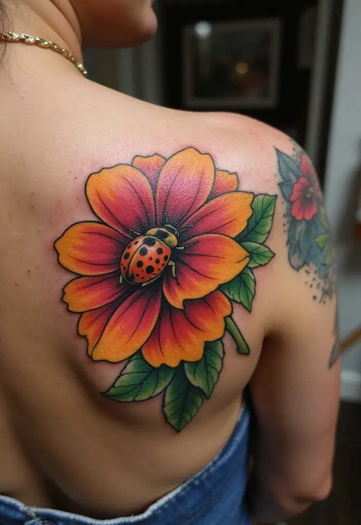 30 Ladybug Tattoo Ideas with Cute and Symbolic Designs 3 30 Ladybug Tattoo Ideas with Cute and Symbolic Designs - 3. Vibrant Ladybug with Flowers