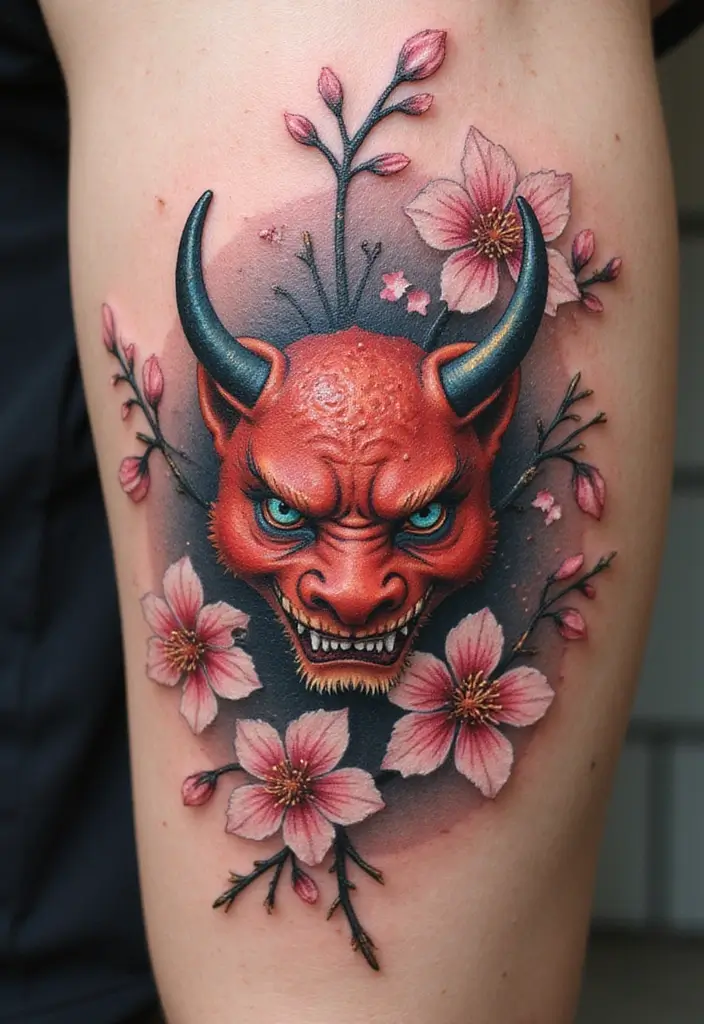 50 Oni Tattoo Designs with Powerful Japanese Symbolism 3 50 Oni Tattoo Designs with Powerful Japanese Symbolism - 3. Oni with Cherry Blossoms