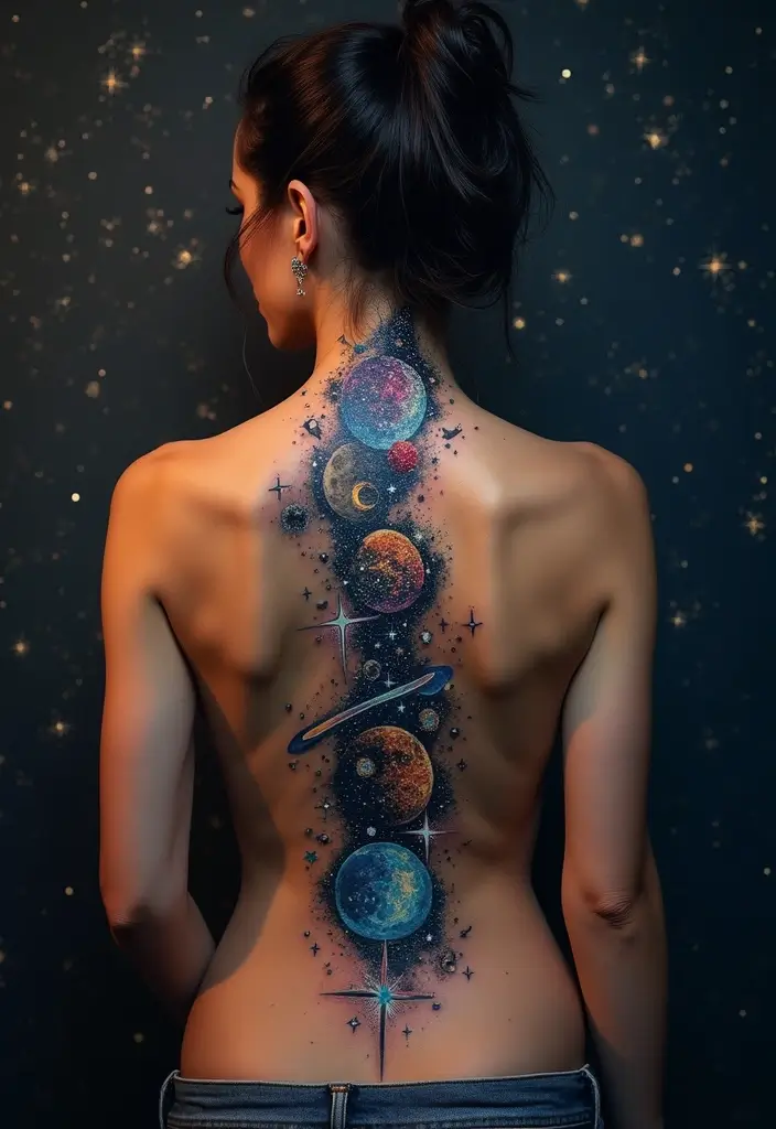 99 Stunning Spine Tattoos for Women to Inspire Your Next Ink - 3. Celestial Bodies