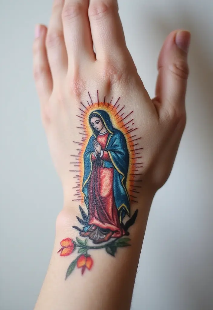 50 Virgin Mary Hand Tattoos with Spiritual and Artistic Designs - 3. Watercolor Virgin Mary
