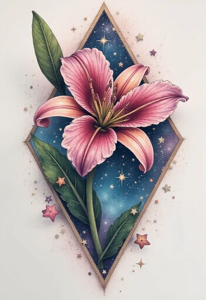 50 Stargazer Lily Tattoos with Elegant and Symbolic Designs 40 50 Stargazer Lily Tattoos with Elegant and Symbolic Designs - 40. Cosmic Flower