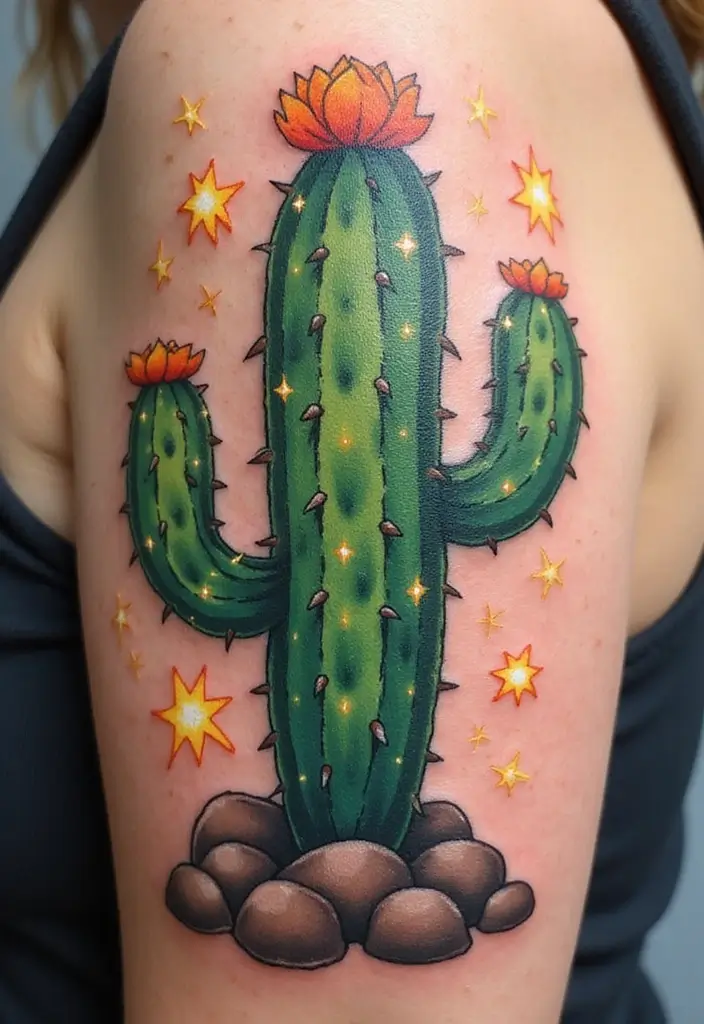 50 Cactus Tattoo Ideas with Minimalist and Symbolic Styles 40 50 Cactus Tattoo Ideas with Minimalist and Symbolic Styles - 40. Cactus and Fireflies
