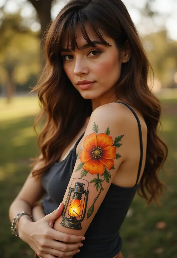 50 California Poppy Tattoo Ideas with Symbolism and Beauty - 40. California Poppy with a Lantern