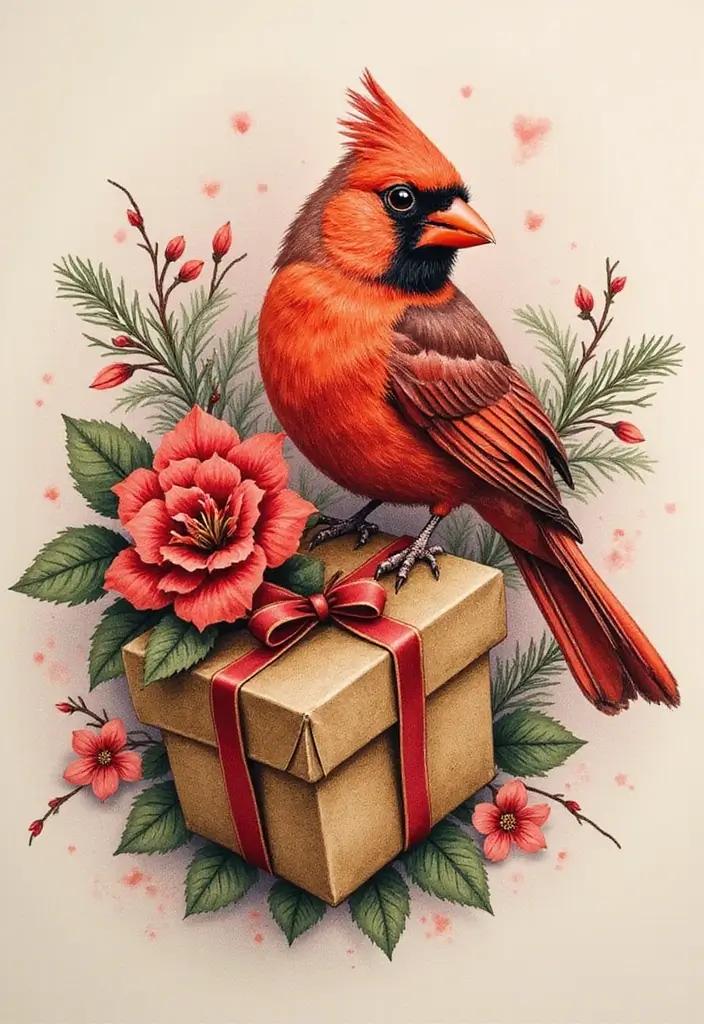 50 Cardinal Tattoo Ideas with Symbolism and Beautiful Designs - 40. Cardinal with a Gift