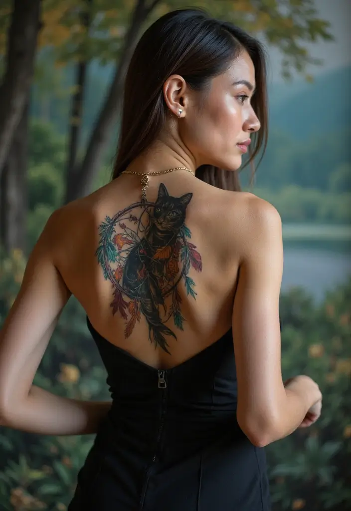 50 Creative Cat Tattoo Ideas for Every Style - 40. Cat with a Dreamcatcher