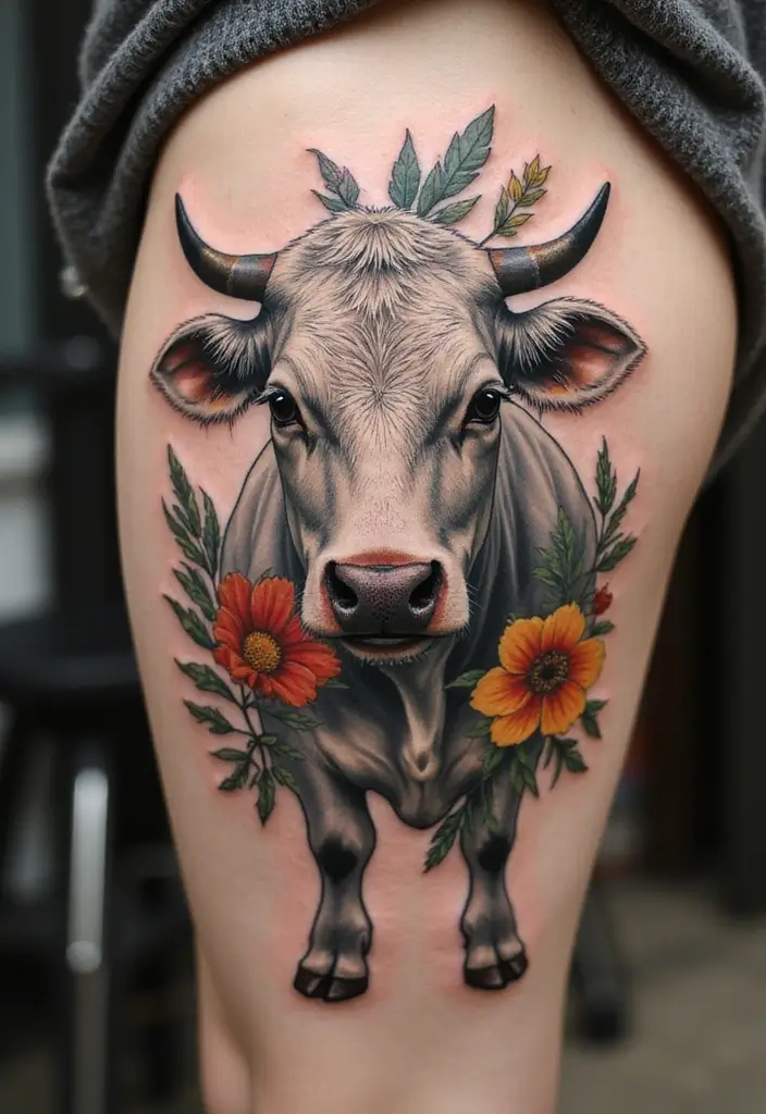 50 Cow Tattoo Designs with Fun and Unique Symbolism - 40. Cow with Gardening Elements
