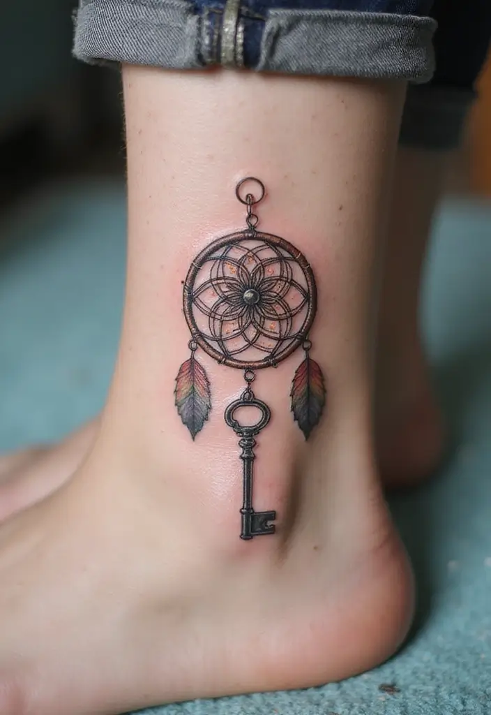 50 Dreamcatcher Tattoo Ideas with Cultural Symbolism 40 50 Dreamcatcher Tattoo Ideas with Cultural Symbolism - 40. Dreamcatcher with a Key