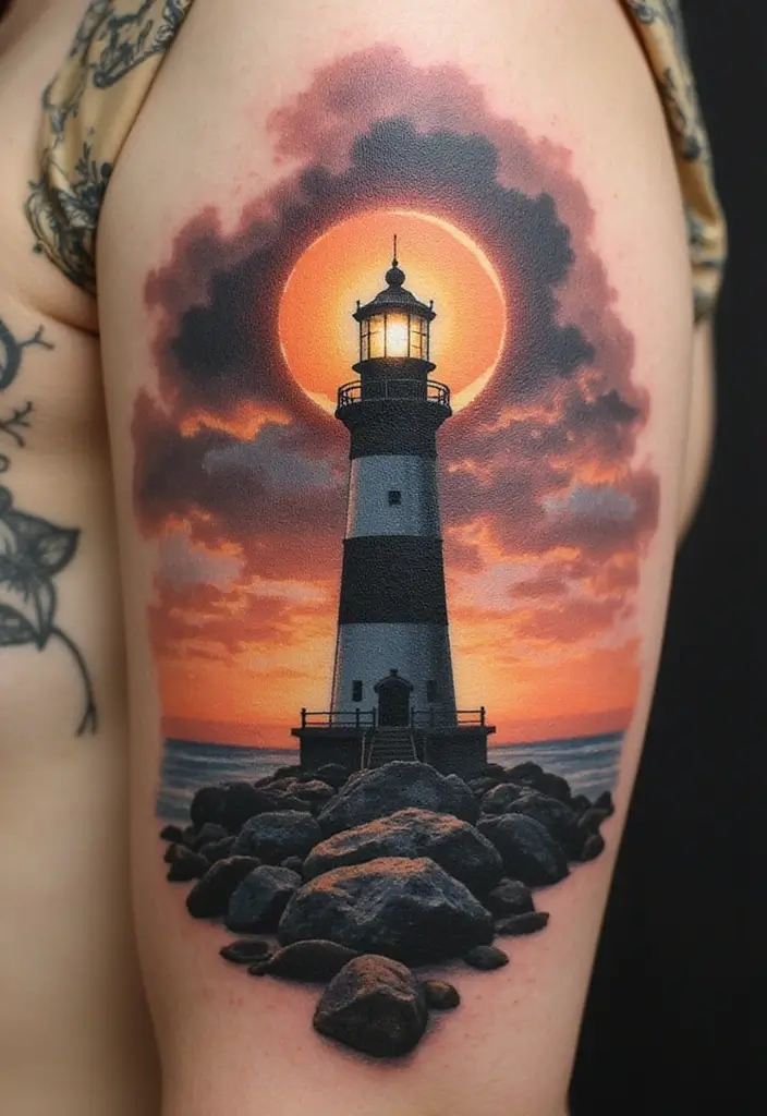 50 Eclipse Tattoo Designs with Powerful Meaning and Symbolism - 40. Eclipse with a Lighthouse