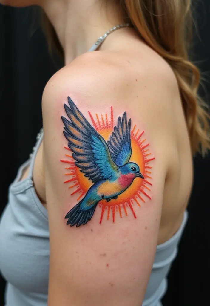 50 Sparrow Tattoos with Symbolism and Artistic Styles - 40. Sparrows and Sunrays