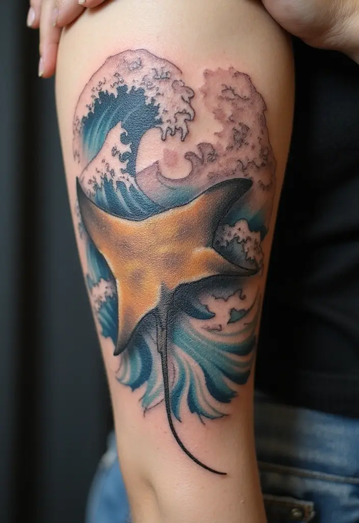 50 Stingray Tattoo Designs and Their Symbolic Meanings - 40. Stingray with a Wave Pattern