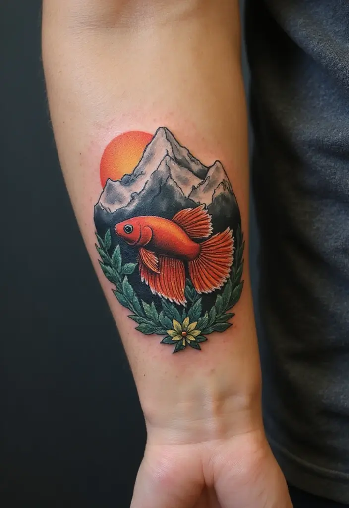 50 Betta Fish Tattoo Ideas with Unique and Colorful Designs 41 50 Betta Fish Tattoo Ideas with Unique and Colorful Designs - 41. Betta Fish with a Mountain Range