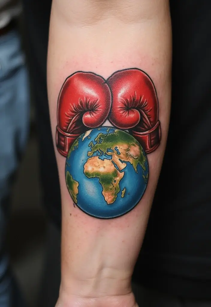 50 Boxing Gloves Tattoo Designs That Embody Strength and Courage! 41 50 Boxing Gloves Tattoo Designs That Embody Strength and Courage! - 41. Boxing Gloves with the Earth