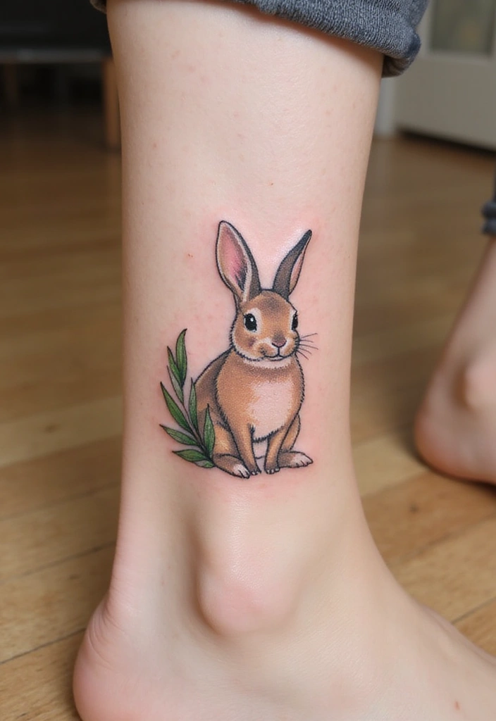 50 Bunny Tattoo Meaning Inspirations for Cute and Creative Designs - 41. Bunny and a Leaf