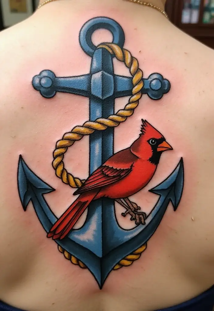 50 Cardinal Tattoo Ideas with Symbolism and Beautiful Designs - 41. Cardinal with an Anchor