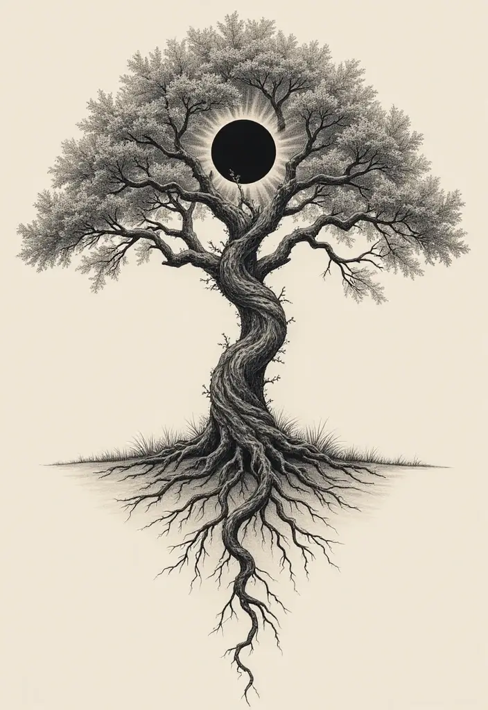 50 Eclipse Tattoo Designs with Powerful Meaning and Symbolism - 41. Eclipse with a Tree of Life