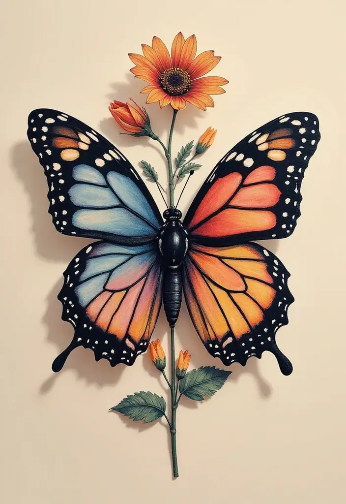 50 Half Butterfly Half Flower Tattoo Designs and Inspirations - 41. Radiant Harmony