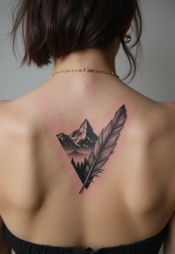 50 Mountain Tattoo Ideas with Powerful and Minimalist Designs 41 50 Mountain Tattoo Ideas with Powerful and Minimalist Designs - 41. Mountain and Feather Tattoo