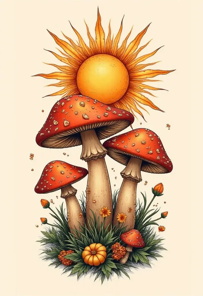 50 Unique Mushroom Tattoo Ideas That'll Leave You Inspired and Curious About Their Symbolism! 41 50 Unique Mushroom Tattoo Ideas That'll Leave You Inspired and Curious About Their Symbolism! - 41. Mushrooms and Sun Elements