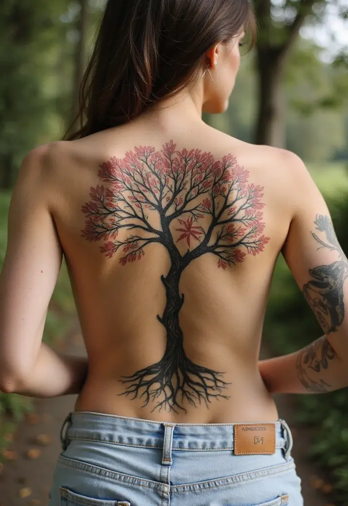 99 Stunning Spine Tattoos for Women to Inspire Your Next Ink - 41. Symbolic Trees