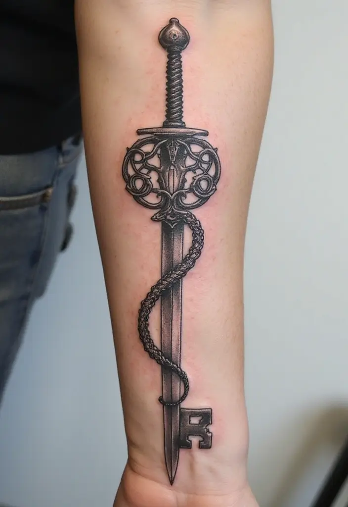 50 Sword Tattoo Designs and Symbolism to Inspire Your Next Ink 41 50 Sword Tattoo Designs and Symbolism to Inspire Your Next Ink - 41. Sword with a Key