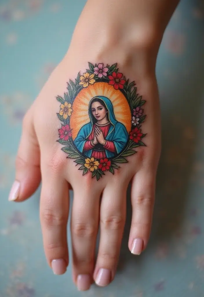 50 Virgin Mary Hand Tattoos with Spiritual and Artistic Designs - 41. Virgin Mary in a Circle of Flowers