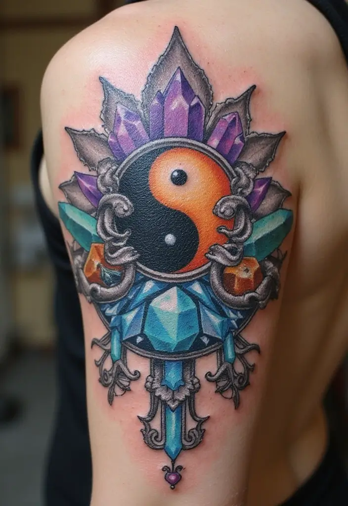 50 Yin Yang Tattoo Ideas with Balance and Harmony Symbolism - 41. Yin Yang with Crystals
