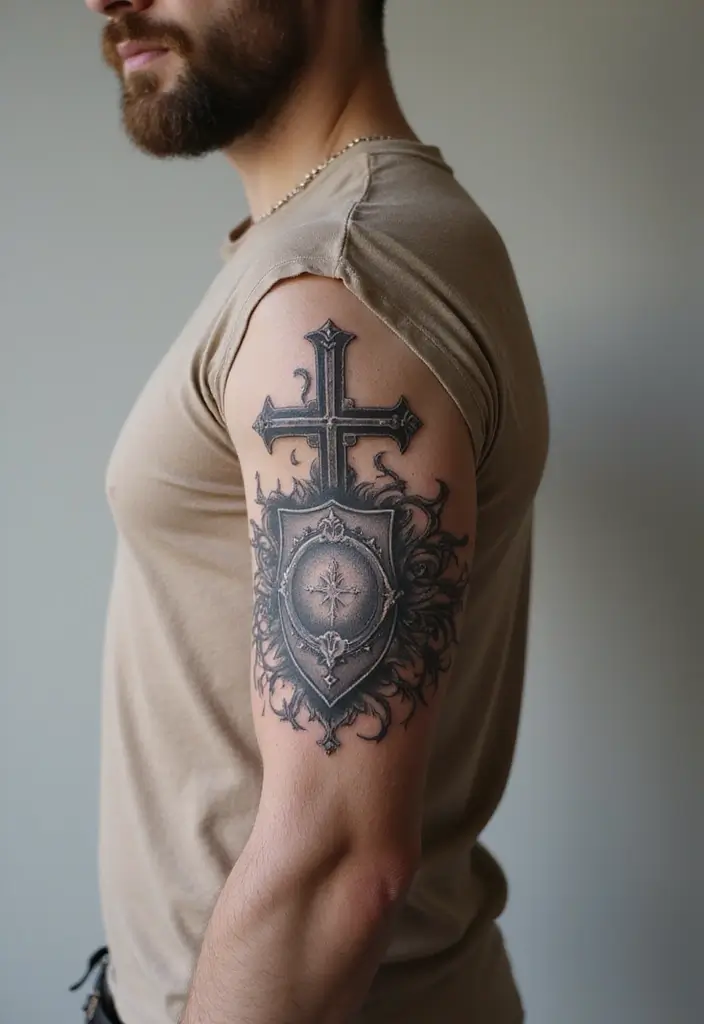 50 Cross Tattoo Ideas for Men and Women with Deep Meaning - 42. Cross with a Shield