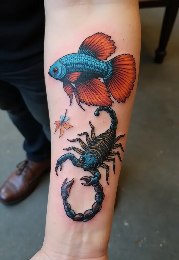 50 Betta Fish Tattoo Ideas with Unique and Colorful Designs 42 50 Betta Fish Tattoo Ideas with Unique and Colorful Designs - 42. Betta Fish with a Scorpion