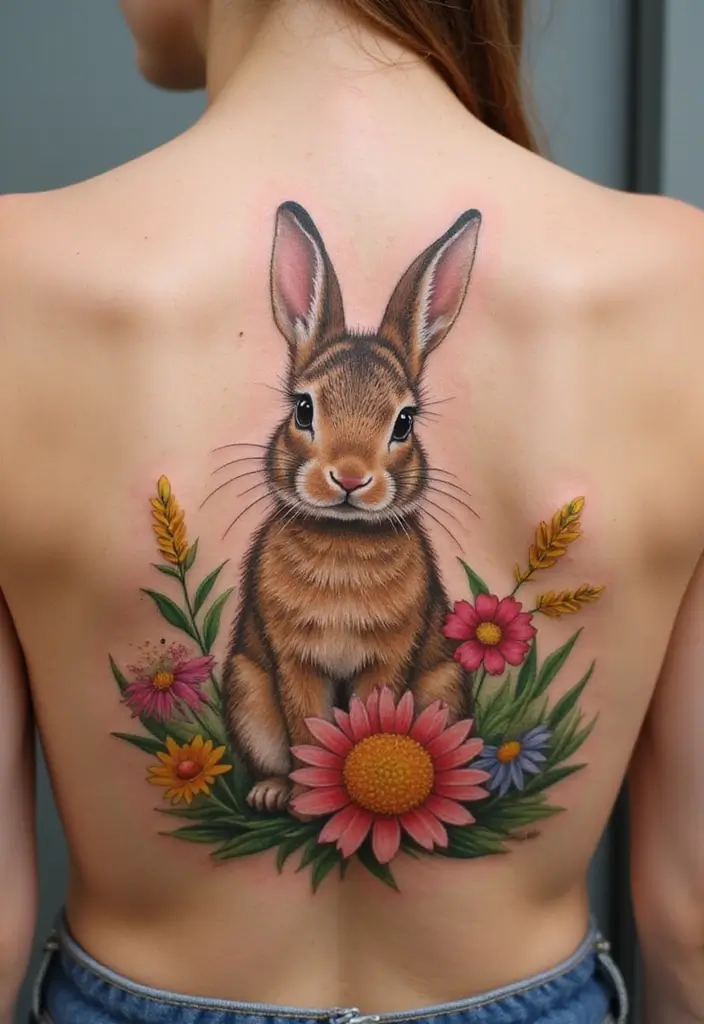 50 Bunny Tattoo Meaning Inspirations for Cute and Creative Designs - 42. Bunny in a Field of Flowers