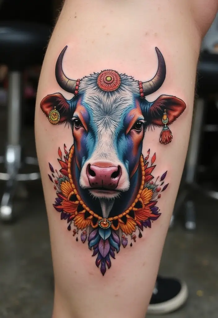 50 Cow Tattoo Designs with Fun and Unique Symbolism - 42. Cow with Whimsical Patterns