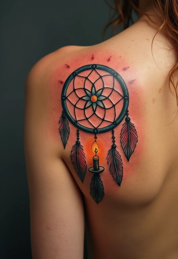 50 Dreamcatcher Tattoo Ideas with Cultural Symbolism 42 50 Dreamcatcher Tattoo Ideas with Cultural Symbolism - 42. Dreamcatcher with a Candle