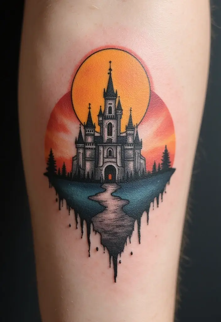 50 Eclipse Tattoo Designs with Powerful Meaning and Symbolism - 42. Eclipse with a Castle