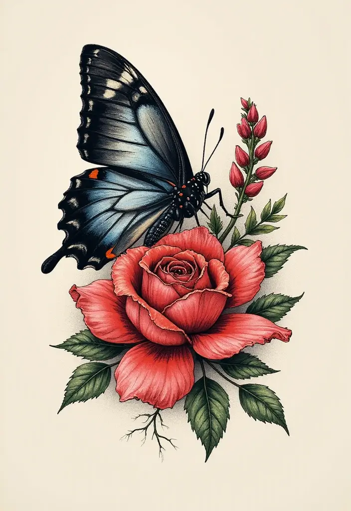 50 Half Butterfly Half Flower Tattoo Designs and Inspirations - 42. Bold Contrast